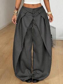 Pantalones casuales de rayas tejidas de color gris oscuro para mujer - Gris - Ver 3