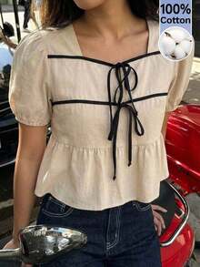 Blusa de manga corta con dobladillo de volantes y ribete de color contrastante para mujer - Albaricoque - Ver 2