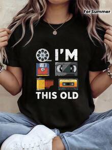 1 pieza de camiseta de manga corta para mujer, estilo vintage retro, con estampado de "Soy así de viejo" y diseño de disco flexible y casete, cuello redondo, para primavera/verano, 180g, 100% algodón. - Negro - Ver 2