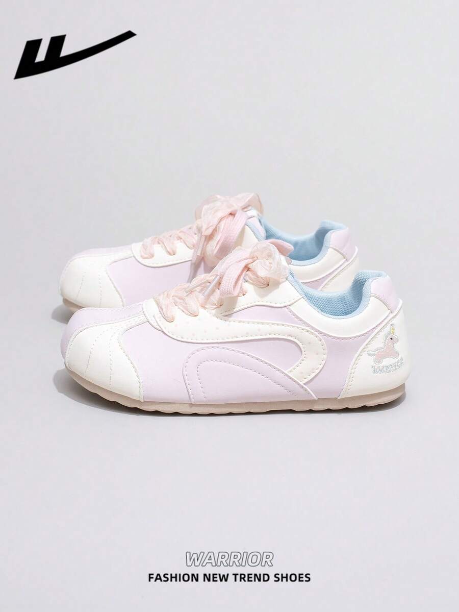 1 Paar WARRIOR Damen Schuhe mit dicker Sohle, Schnürung und weichem Boden, Sommerschuhe mit rundem Zehenbereich, niedrigem Absatz und rutschfester Sohle, elegante Farben, geeignet für Studenten, Abschlussfotos, Flache Schuhe, Damen Leder Sneaker mit niedriger Spitze - Reismehl - Übersicht 1