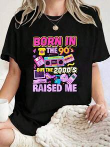 Una camiseta de estilo retro con estampados inspirados en los años 90, perfecta para uso casual en verano y primavera, diseñada específicamente para mujeres - Camiseta unisex de estilo vintage urbano, holgada, de manga corta y cuello redondo, 100% algodón puro. - Negro - Ver 6
