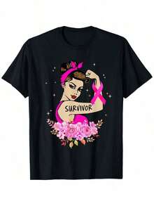 Camiseta de manga corta Rosie Riveter Rosa de Concientización para Supervivientes de Cáncer de Mama, Unisex - Perfecta para Primavera, Día de San Valentín, Día de San Patricio, Temporada de Graduación y Regalos de Pascua para Papá, Mamá, Padres, Amigos, Familiares y Colegas (Solo Camiseta) Verano - Negro - Ver 1