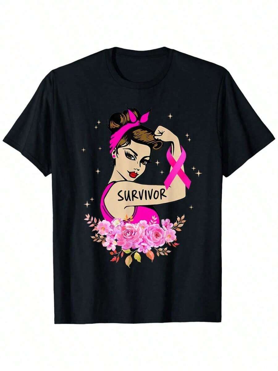 Camiseta de manga corta Rosie Riveter Rosa de Concientización para Supervivientes de Cáncer de Mama, Unisex - Perfecta para Primavera, Día de San Valentín, Día de San Patricio, Temporada de Graduación y Regalos de Pascua para Papá, Mamá, Padres, Amigos, Familiares y Colegas (Solo Camiseta) Verano - Negro - Ver 1