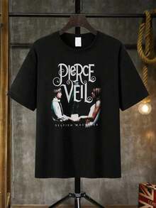 Piercing The Veil : T-shirt graphique avec la couverture de l'album de la bande Selfish Machine, impression de paroles et motif de symboles musicaux, haut en coton noir. - Noir - Voir 1