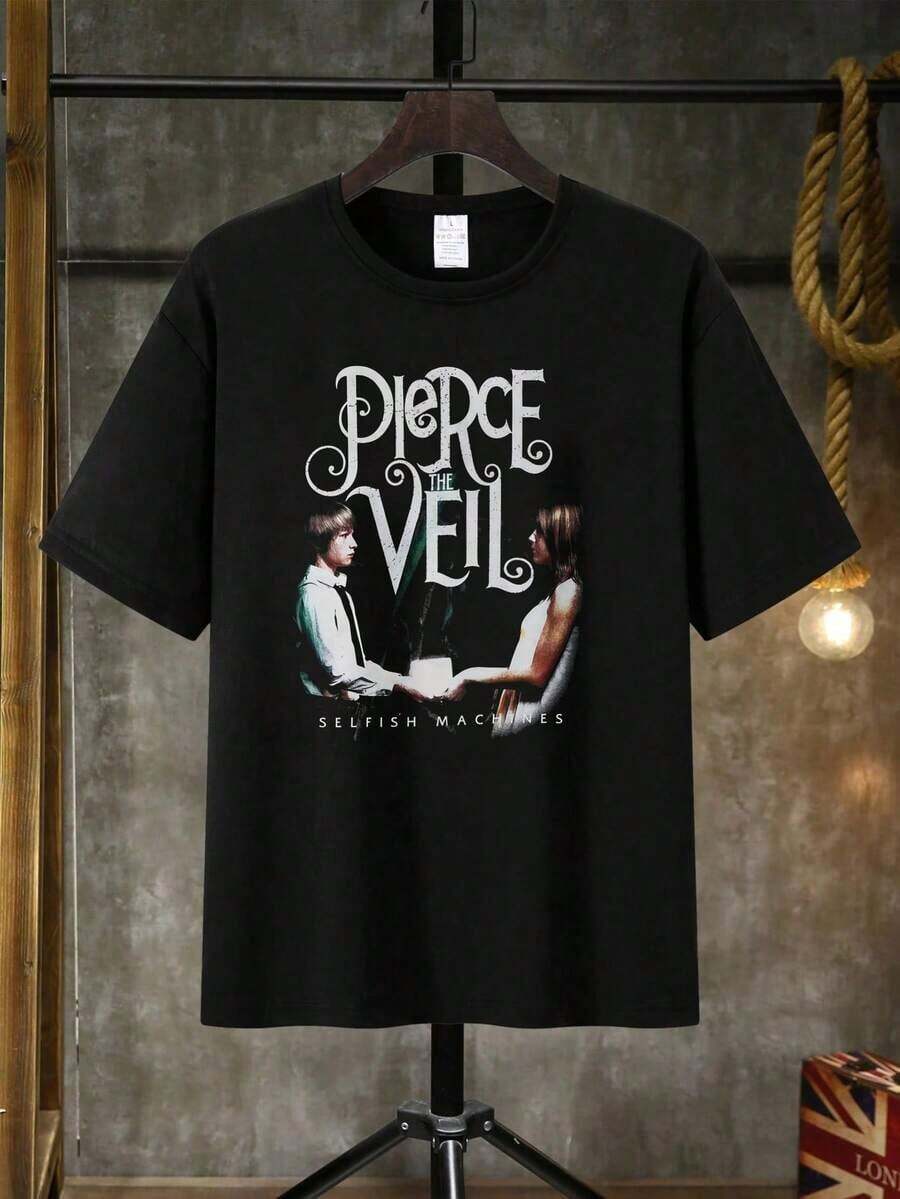 Piercing The Veil : T-shirt graphique avec la couverture de l'album de la bande Selfish Machine, impression de paroles et motif de symboles musicaux, haut en coton noir. - Noir - Voir 1