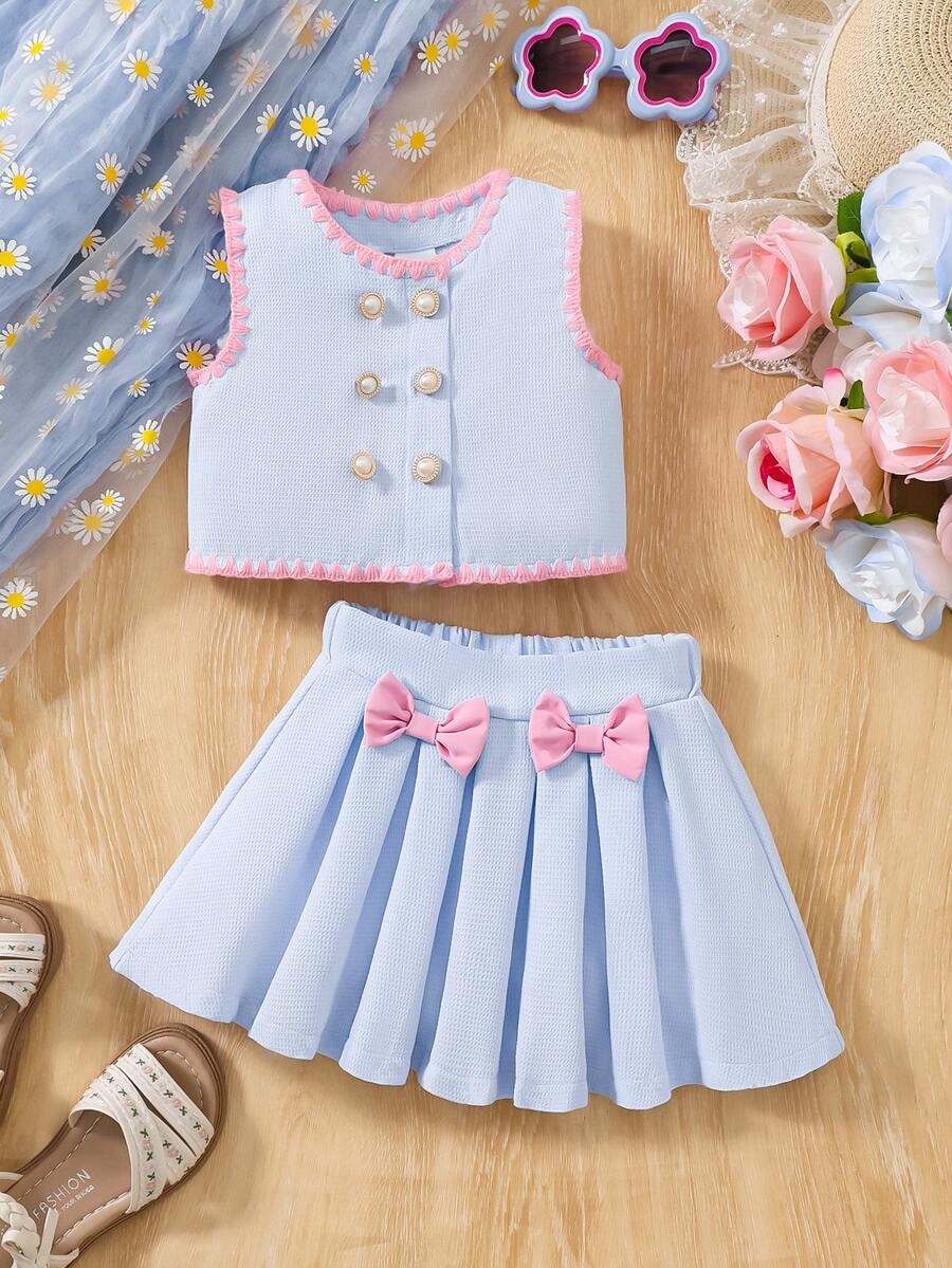2pcs/Set Spring & Summer Soft Girl Style Light Blue Textured Pearl Decor Sleeveless Top And Bowknot Pleated Skirt - Multicolor - View 1
