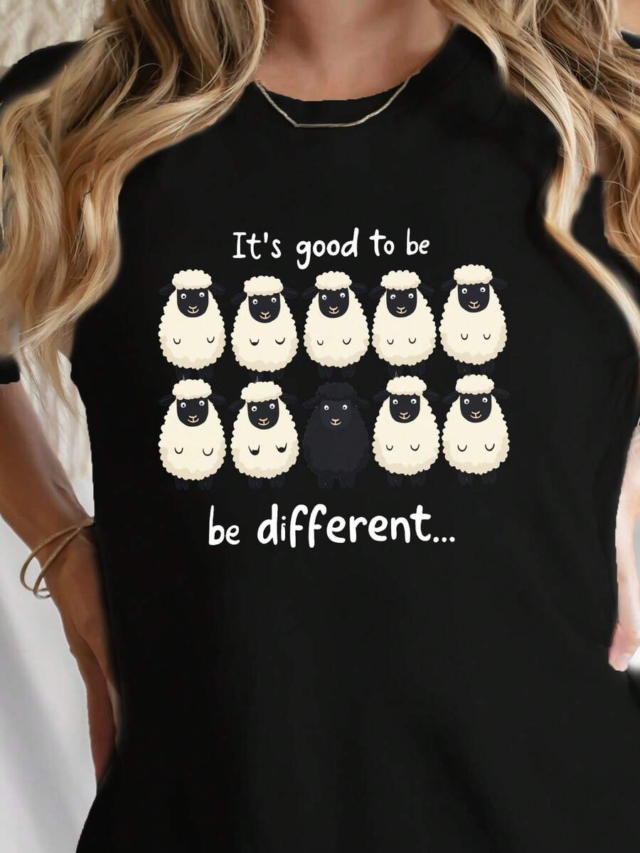 Una camiseta casual de manga corta y cuello redondo que celebra la individualidad, perfecta para primavera y verano, diseñada para mujeres - Negro - Ver 1