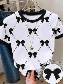 Camiseta de manga corta de cuello redondo casual con ribete de contraste para mujer, verano - Multicolor - Ver 1