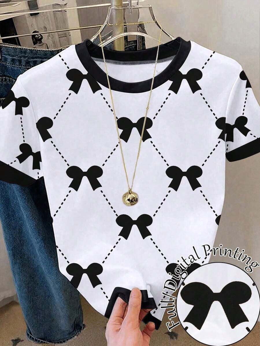 Camiseta de manga corta de cuello redondo casual con ribete de contraste para mujer, verano - Multicolor - Ver 1