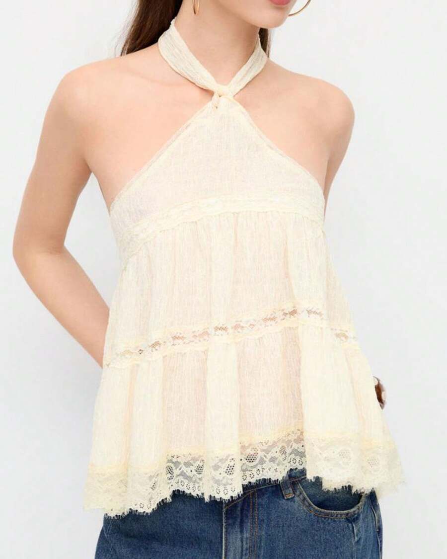Women Halter Top, Sleeveless Tops Backless Lace Patchwork Summer Vest For Club Party - Light Yellow - View 1