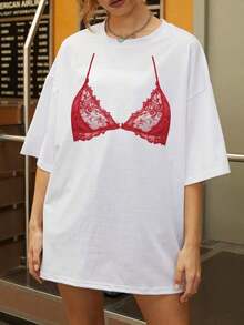 Loose And Casual Summer T-Shirt With Oversized Red Bralette And Print, Relaxed And Fun Style, Sommer-T-Shirt - White - View 8