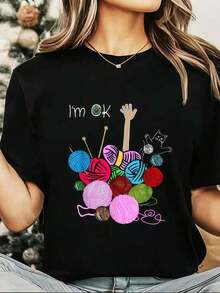 Camiseta De Algodón 100% Con Estampado De Estoy Bien De Ganchillo Y Punto, Divertida, De Cuello Redondo Y Manga Corta, Para Mujer, Casual, De Verano, Camiseta Gráfica De Mujer Summer Essentials,Summer Outfits For Women,Graphic Tees Blusas Para Mujer Camisa - Negro - Ver 6