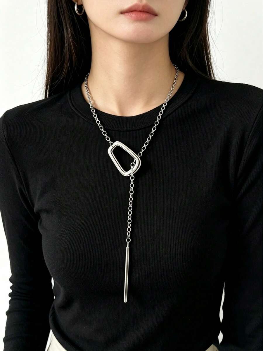 1 chiếc dây chuyền mặt dây chuyền hình vuông rỗng bằng thép không gỉ, dây chuyền tua rua bất đối xứng, trang sức thời trang đường phố cá nhân hóa. - CL-1324 - Xem 1