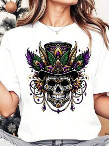 ropa de mujer Camiseta de mujer con diseño de calavera con sombrero de copa y plumas, estampado gráfico artístico inspirado en el Día de los Muertos, ropa casual para ocasiones festivas, camisas de mujer - Blanco - Ver 6