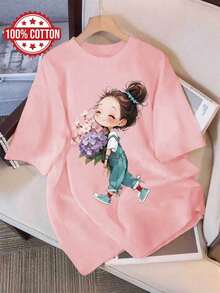 Women'S Summer Clothing, Casual Tops for Women, Q-Version Cartoon Bouquet Printed Short-Sleeve Round-Neck Pure T-Shirt [Lang K] - Rosa - Ver 1