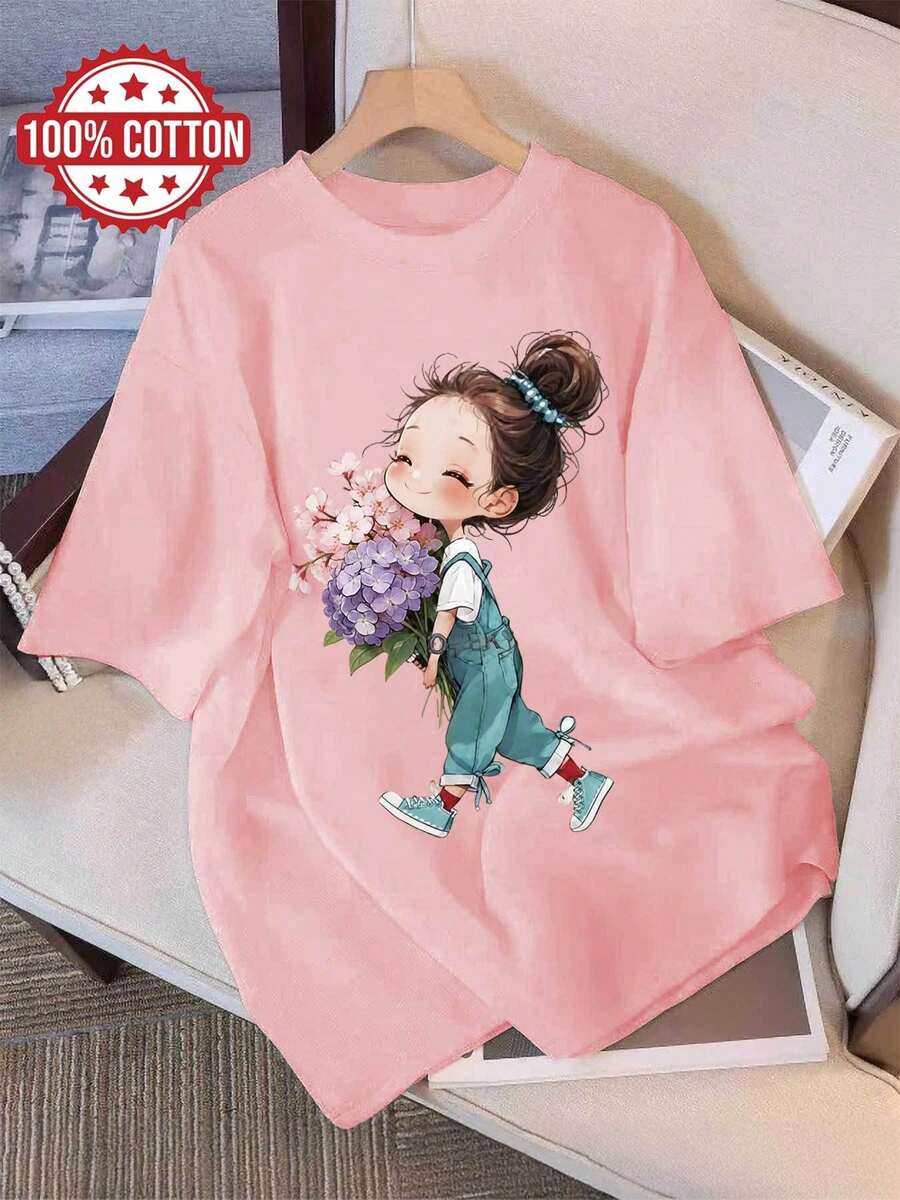 Women'S Summer Clothing, Casual Tops for Women, Q-Version Cartoon Bouquet Printed Short-Sleeve Round-Neck Pure T-Shirt [Lang K] - Rosa - Ver 1