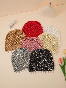 1 chiếc mũ len lưới đan tay thời trang mùa xuân/thu dành cho nữ, nhẹ, đính sequin hình lá, thích hợp cho đi biển và phong cách boho. - A - Xem 9