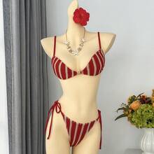 Traje de Baño de Dos Piezas Estilo Bandeau con Cuello Halter y Rayas, Sexy, para Vacaciones en la Playa, Estilo Ins, 2026 - z26027 Bikini individual - Rosa - Ver 3