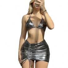 New And Sexy Three-Piece Swimsuit With Laces And Gold Print. - Silver - View 6