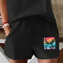 2026 Summer New Style, Colorful SUMMER Text With Coconut Tree Scenery, Casual Printed Round Neck Short Sleeve Top With Elastic Waist Pocket Shorts For Women - 短褲 - 查看 7