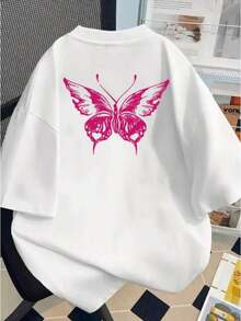 Under The Radar Women's Plus Size Crew Neck T-Shirt, A Versatile And Sweet Style, Featuring A Purple Openwork "Butterfly Totem" Print On The Front And Back. Suitable For All Seasons, Machine Washable, Soft Against The Skin, Ideal For Everyday Outings, Social Gatherings, And Casual Occasions. Butterfly-Themed Item. 100% Cotton. Vintage Street Style Unisex Loose Cotton Short Sleeve Crew Neck T-Shirt - 白色 - 查看 3