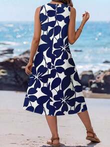 Vestido casual de mujer con estampado floral de cuello redondo y longitud media, adecuado para primavera/verano, apropiado para salir, vestido elegante, casual - Azul - Ver 2