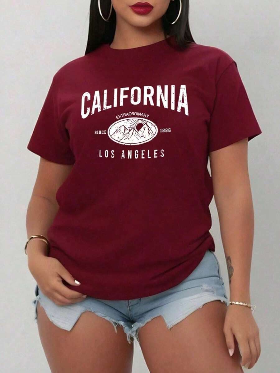 Women's Loose-Fitting Casual T-Shirt With CALIFORNIA LOS ANGELES Print, Ideal For Sports, Outdoor Activities And Everyday Wear. - 酒紅色 - 查看 1