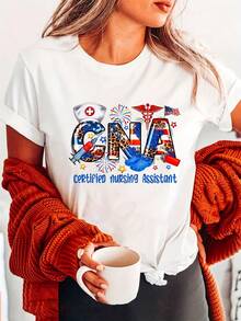 Women's Soft 100% Cotton T-Shirt, CNA Certified, For Nursing Assistants - Short Sleeve Crew Neck T-Shirt With CNA Print, Healthcare Professional Apparel, Machine Washable Casual T-Shirt For Nursing Assistants, Year-Round Professional Clothing, Breathable Cotton T-Shirt, Matches Everything. - 白色 - 查看 1