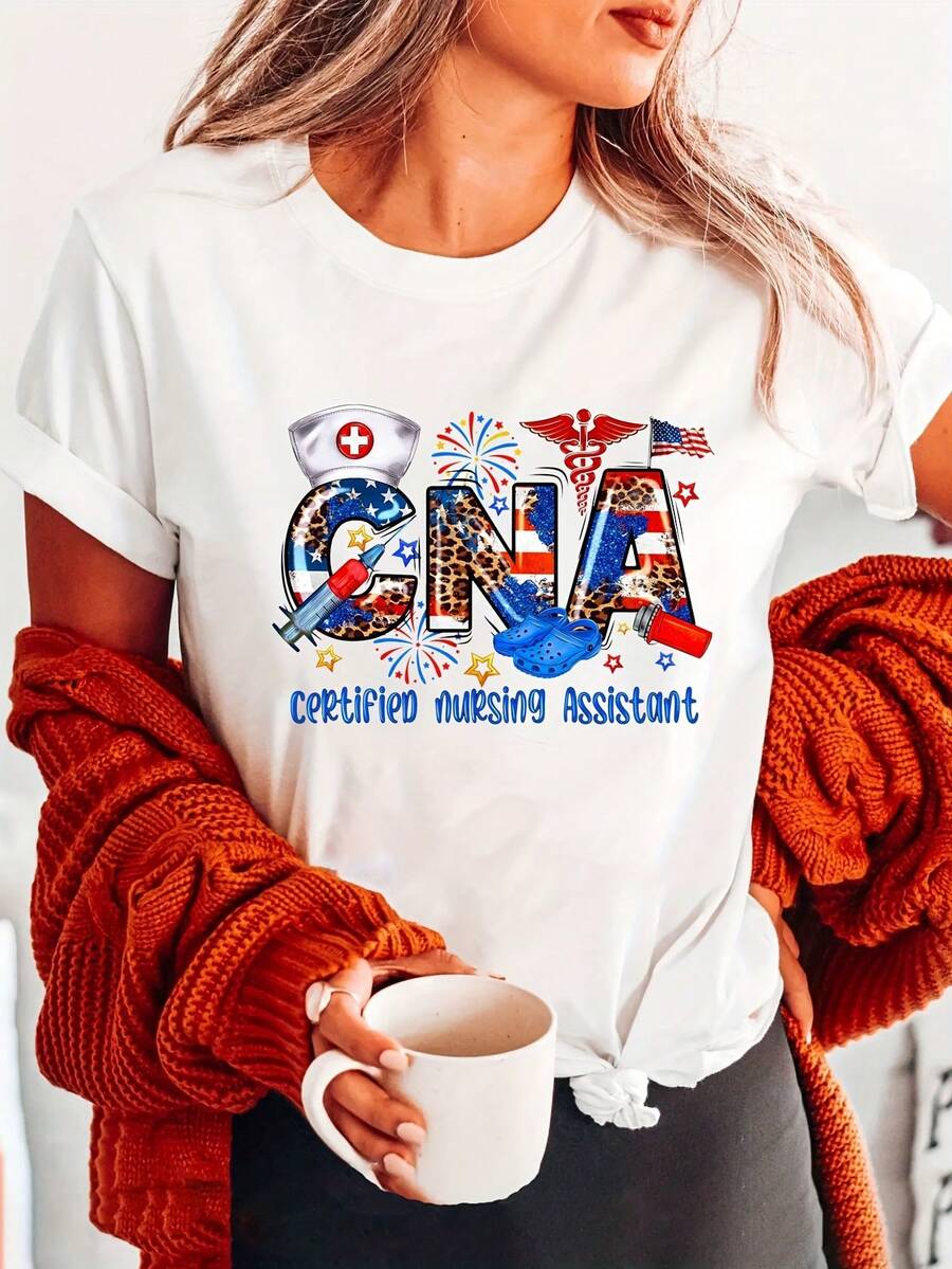 Women's Soft 100% Cotton T-Shirt, CNA Certified, For Nursing Assistants - Short Sleeve Crew Neck T-Shirt With CNA Print, Healthcare Professional Apparel, Machine Washable Casual T-Shirt For Nursing Assistants, Year-Round Professional Clothing, Breathable Cotton T-Shirt, Matches Everything. - 白色 - 查看 1