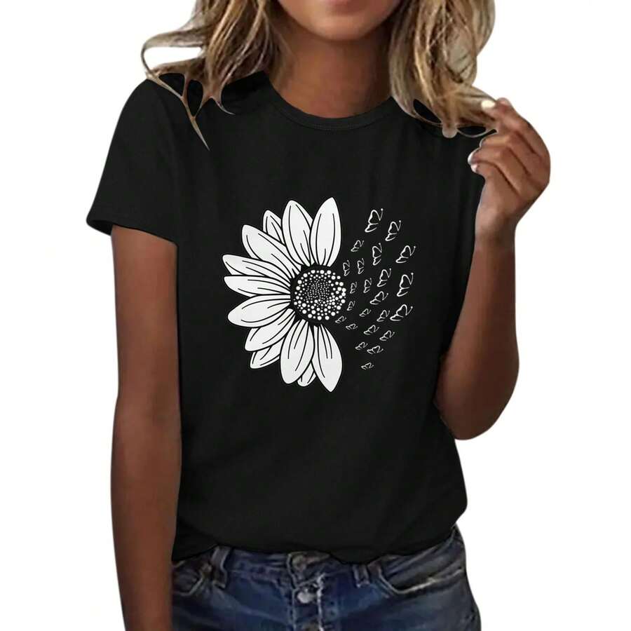 Camisetas de Mujer WERYOUNG de Manga Corta con Cuello Redondo y Estampado Floral, Camisetas Gráficas para Uso Casual, Ajuste Relajado, Camisetas para Fiesta Nocturna, Transpirables y Cómodas. - Negro - Ver 1