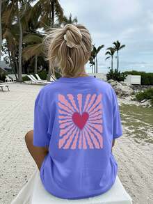 Limited Edition Graphic Print T-Shirt, Dropped Shoulders, Short Sleeves, Round Neck, Casual Style For Spring And Summer, Women's Clothing, Lightweight Cotton. - 藍色 - 查看 4