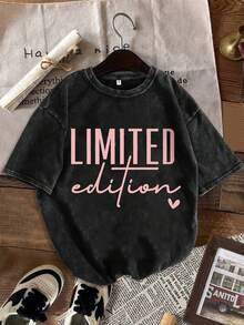 1 pieza de camiseta de verano para mujer, divertida, de manga corta, con estampado de letras, holgada, a la moda, lavada y desgastada, 180g, 100% algodón. - Negro - Ver 6