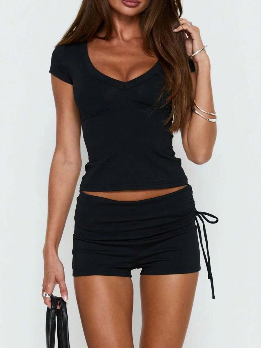 Women Fold Over Waist Shorts Fashionable Solid Color Low Rise Slim Fit Mini Shorts For Beach Daily Wear - Black - View 1