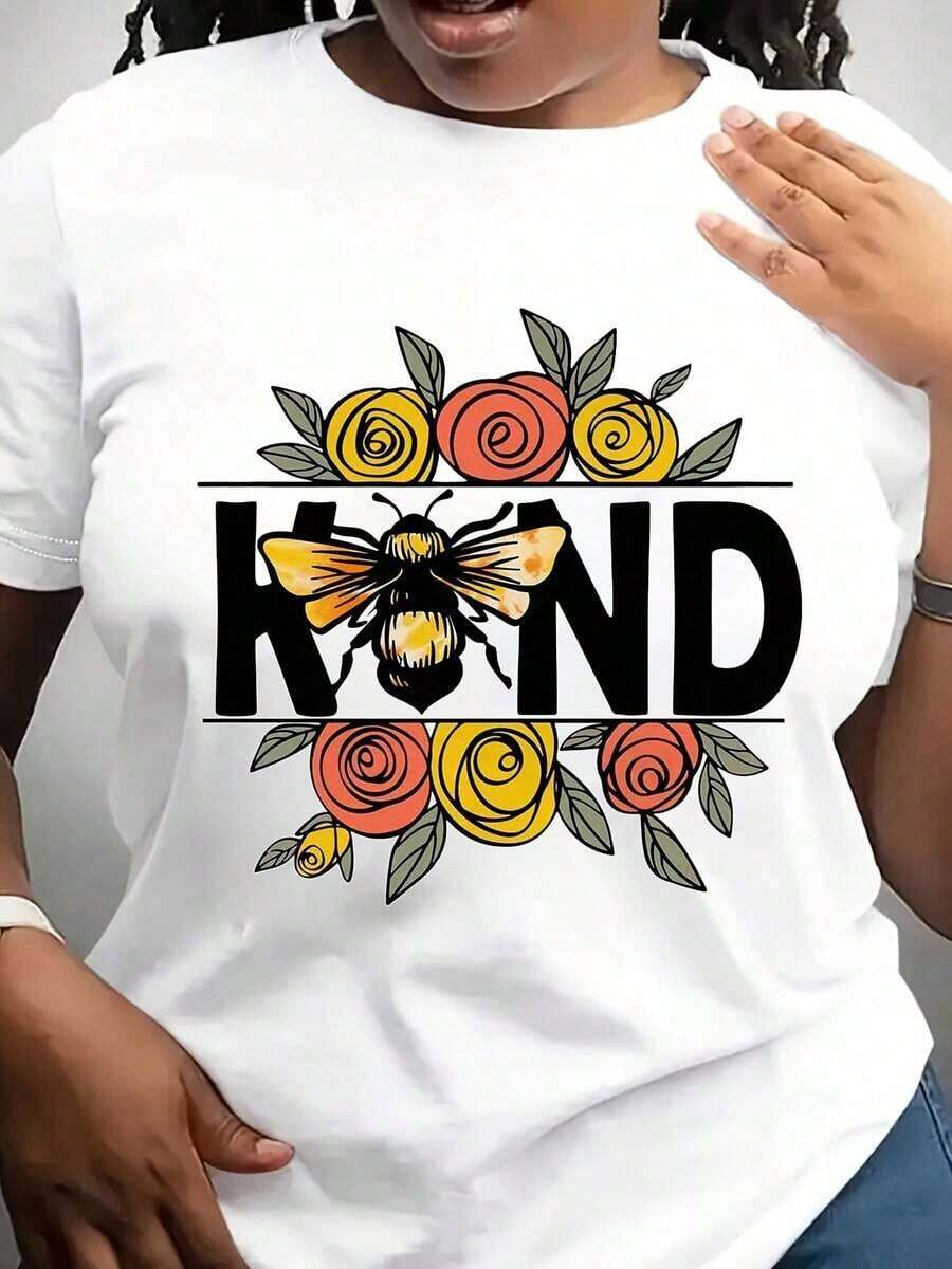 Women's "Be Kind" Graphic T-Shirt - White T-Shirt With Bold "KIND" Lettering, Floral Details - Soft Summer Top For Outfits With Positive Messages, Ladies' T-Shirts - 白色 - 查看 1