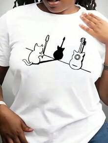 Camiseta de manga corta de algodón puro para mujer - Diseño original con sombras de gato y violín, top casual y cómodo en gris claro, adecuada para primavera y verano, lavable a máquina, estampado artístico, tela transpirable. - Blanco - Ver 6