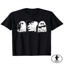 Funny Halloween T-Shirt - Ghosts Holding A Cat Design - Heavyweight Soft Cotton T-Shirt (180gsm) - Vintage Halloween Style - Breathable And Absorbent - Unisex Loose Fit - 黑色 - 查看 2