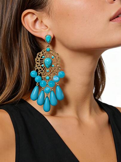 1 Pair Boho Style Vintage Gold Hollow Faux Turquoise Tassel Drop Earrings, Women's Beach Party Holiday Accessory