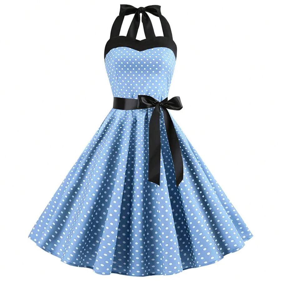 Vestido sexy retro blanco de lunares Hepburn Vintage Halter vestido de fiesta 50s 60s Pin Up Rockabilly Robe - A002 - Ver 1