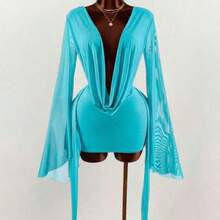 Romantic Vacation Earthy Tone Low-Cut Draped Collar, Flared Sleeves, Bodycon Mini Dress Bell Sleeves - Agua verde azul - Ver 1