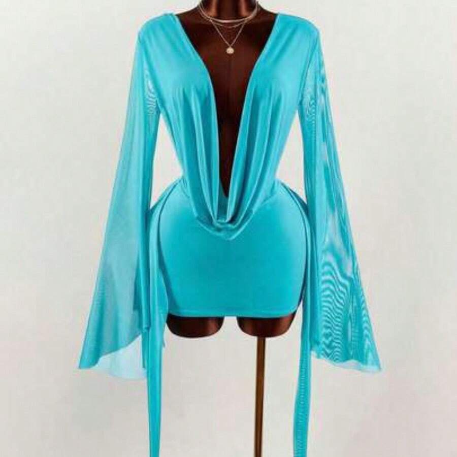 Romantic Vacation Earthy Tone Low-Cut Draped Collar, Flared Sleeves, Bodycon Mini Dress Bell Sleeves - Agua verde azul - Ver 1