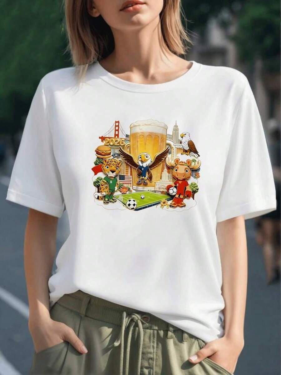 Tigres y águilas celebrando el espíritu del fútbol con símbolos de Estados Unidos y México representando amistad y pasión por el deporte camiseta para mujer 100% algodón - Negro - Ver 1
