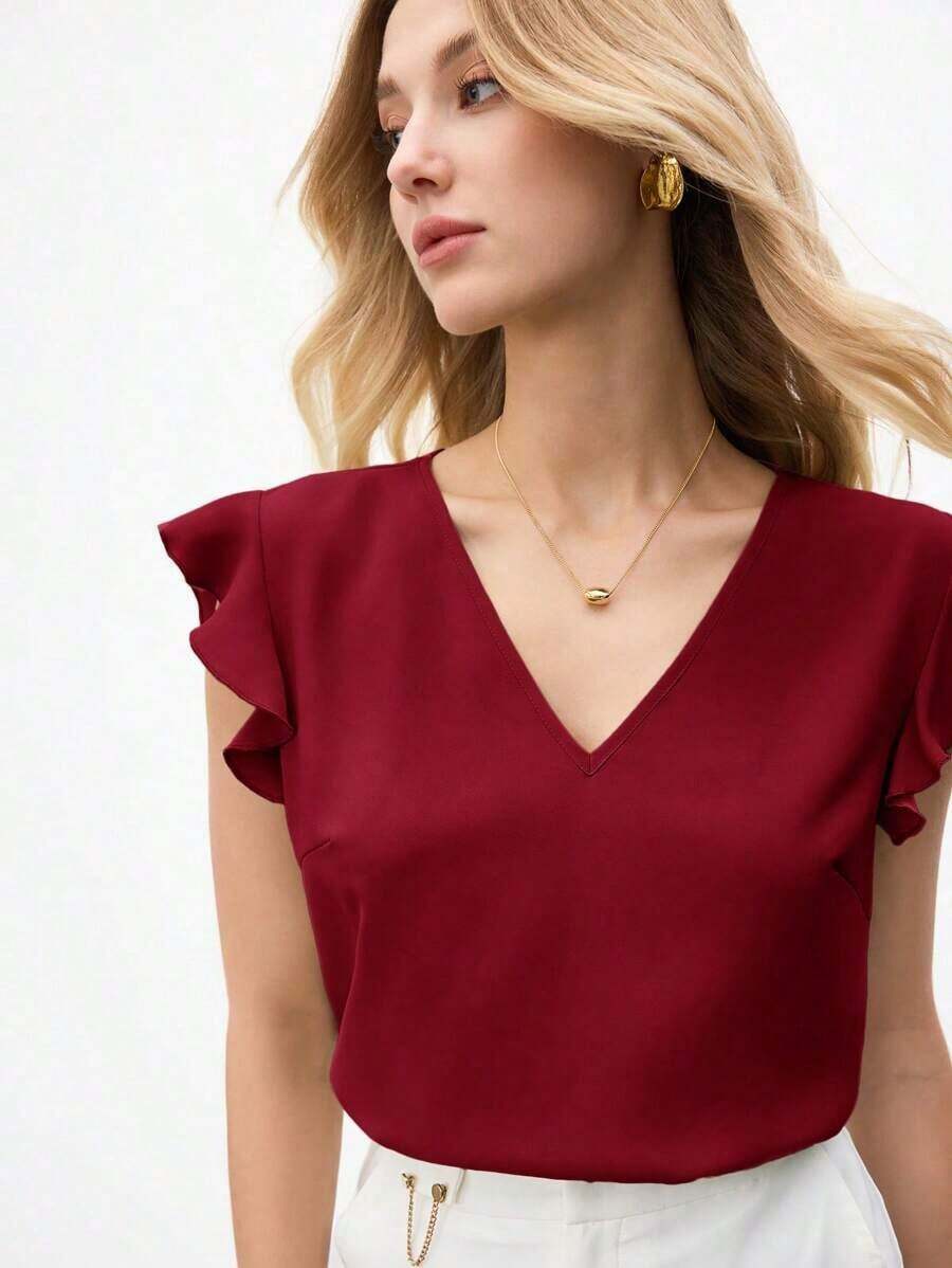 Blusa holgada de manga abullonada y cuello en V para mujer, estilo urbano básico, elegante y minimalista para uso casual en la oficina, adecuada para maestras y atuendo de negocios, otoño - Rojo - Ver 1