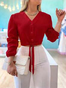 Blusa elegante y versátil con nudo delantero de unicolor para mujer, apta para uso casual diario, en el hogar, para ir al trabajo y en citas, primavera - Gran rojo - Ver 6