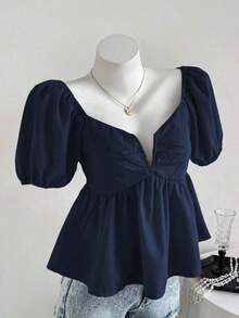 Blusa casual elegante de mujer con cuello en V profundo y plisado en color rojo - Azul marino - Ver 7