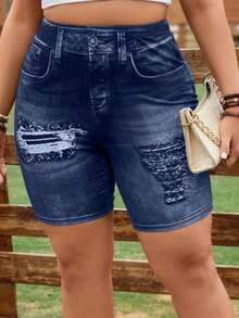 Leggings cortos de efecto vaquero digital de talla grande - Azul marino - Ver 5