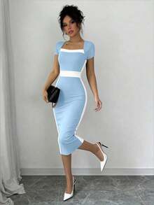 Vestido ajustado de cuello cuadrado con bloques de color para mujer - Celeste - Ver 5
