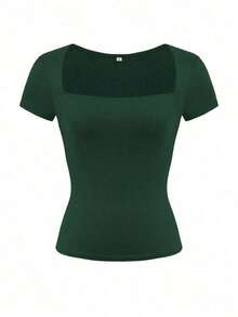 Camiseta de manga corta con cuello cuadrado de punto de unicolor, ajustada y sexy, estilo Y2K, para mujer Vaiaye, adecuada para actividades de primavera/verano y el Día de San Valentín - Verde - Ver 3