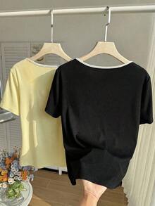 Set de 2 camisetas casuales de mujer con cuello cuadrado y manga corta, ajustadas y sexys, adecuadas para el verano - Multicolor 2 - Ver 2