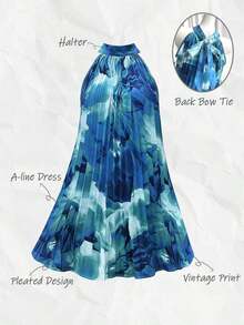 Vestido plisado con hombros abiertos y estampado para vacaciones, conjunto de ropa de playa para vacaciones - Azul 2 - Ver 3