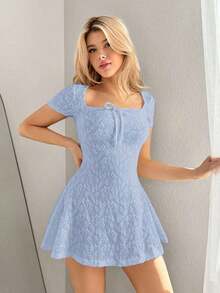 Vestido corto casual de unicolor con cuello cuadrado y manga corta en estilo Y2K para mujer, color blanco - Celeste - Ver 6